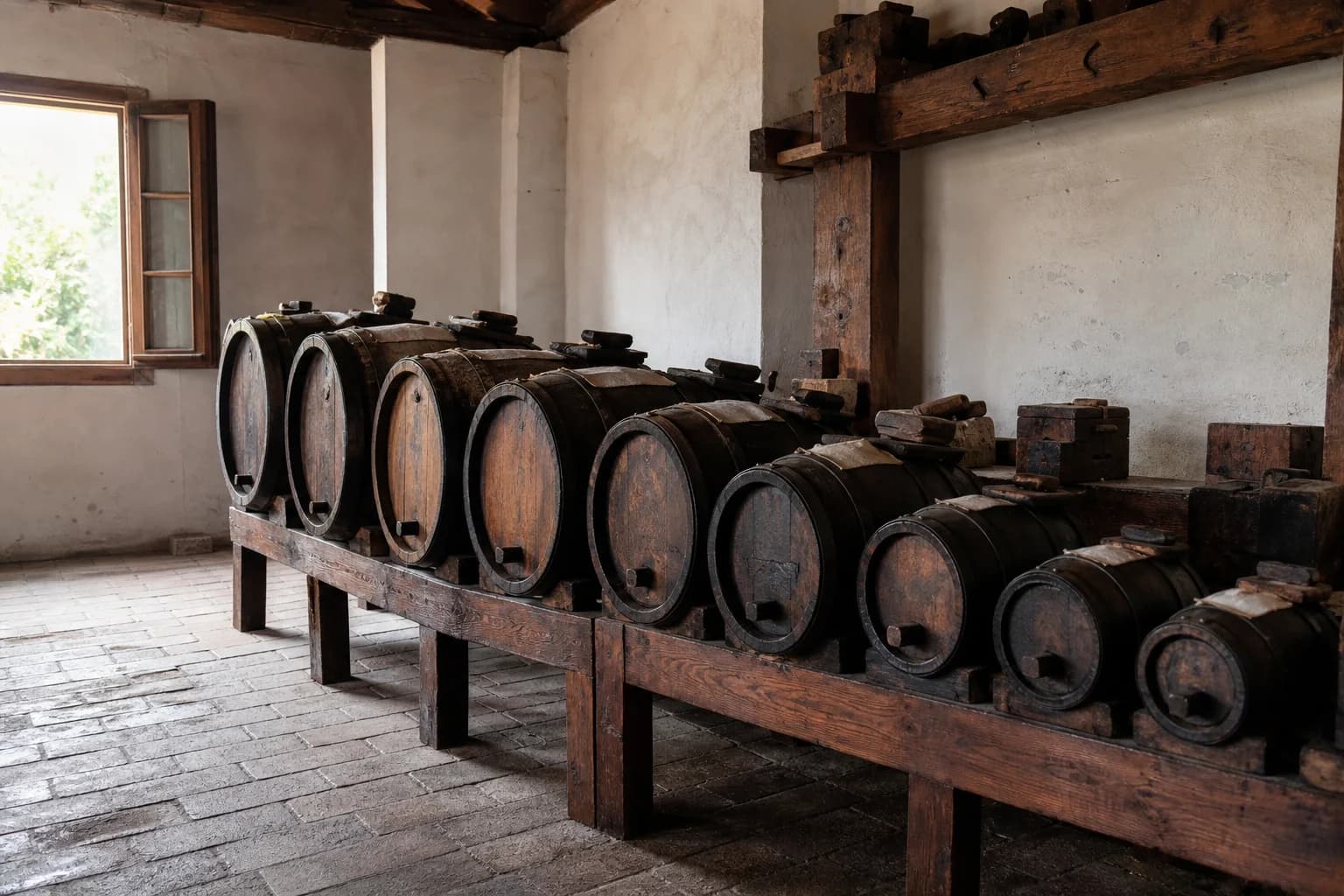 A battery of progressively smaller wooden casks in a naturally lit Emilia vinegar loft