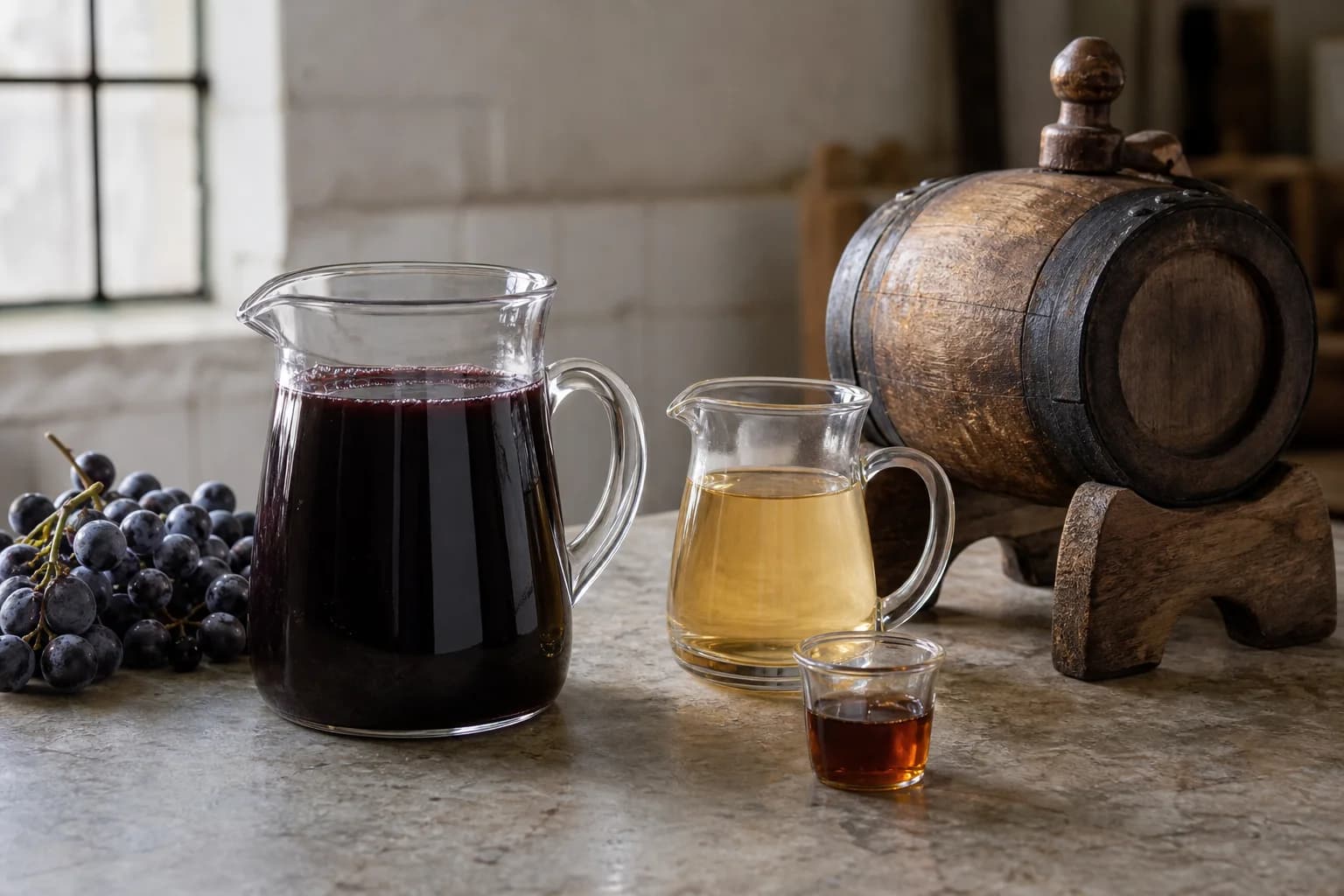 Dark grape must, pale wine vinegar and older vinegar beside a small wooden cask