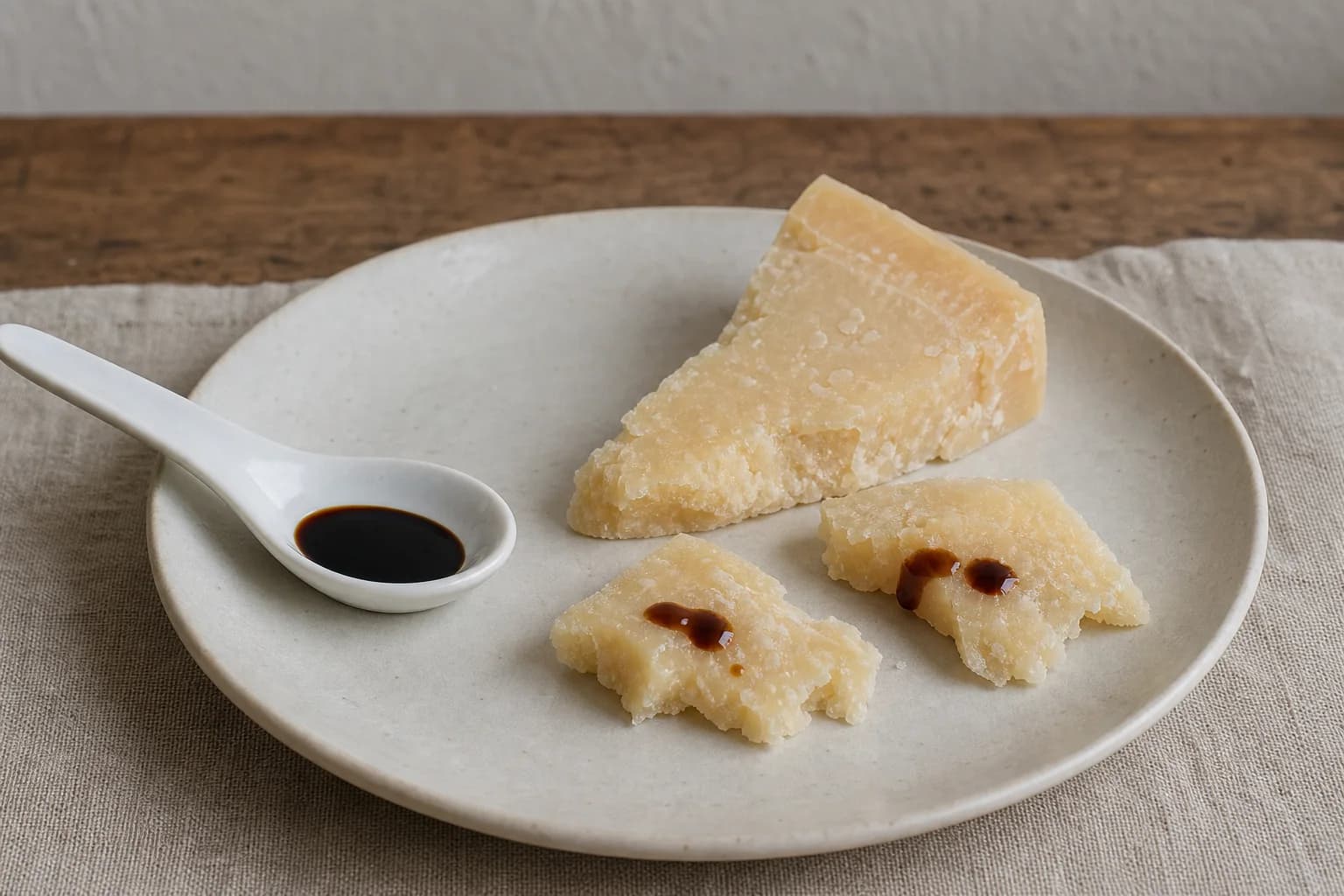 A few dark balsamic drops on mature hard-cheese shards beside a ceramic tasting spoon
