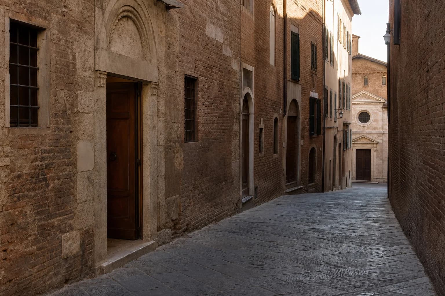 A quiet sloping lane between brick Gothic buildings and a small church in Siena’s walled historic center