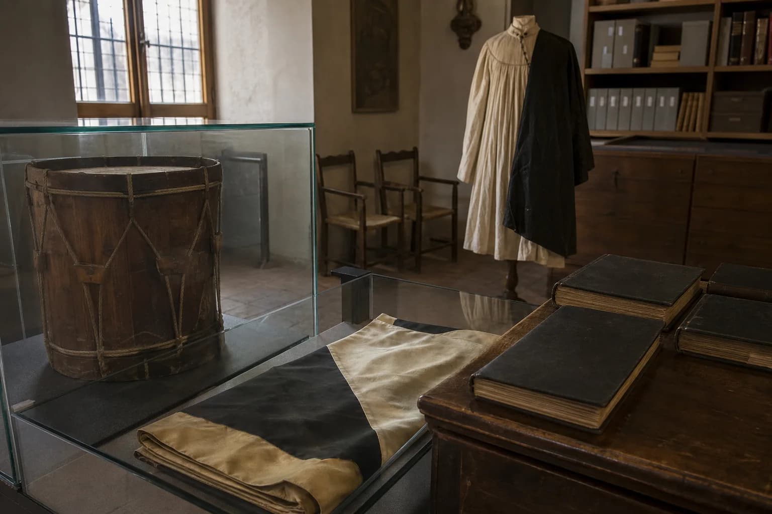 A wooden drum, folded unmarked flag fabric, archival ledgers and a historic costume in a Contrada museum room