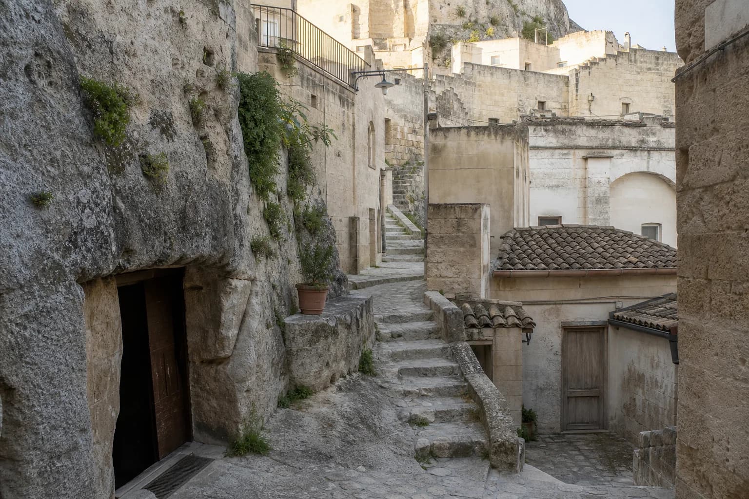 Stone steps and narrow lanes connecting rock-cut rooms with built dwellings in Matera’s Sassi